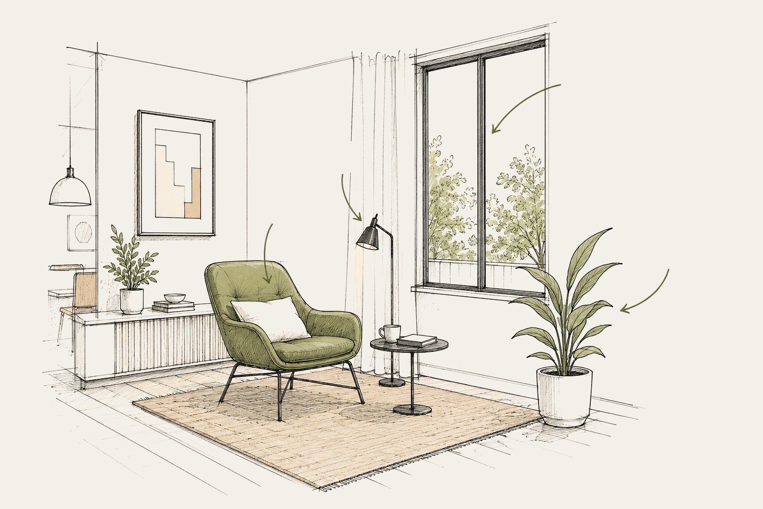 Angolo raccolto della casa illustrato come architectural sketch essenziale e colorato su fondo #F2F0E9, con finestra, poltrona, lampada locale, tappeto e pianta.